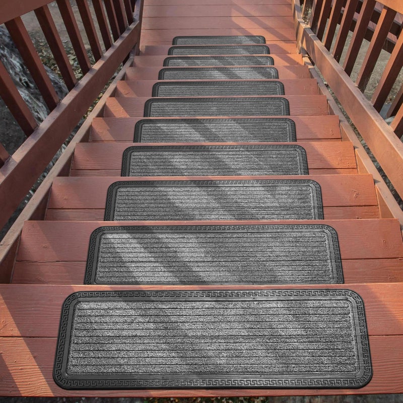 Ottomanson Indoor/Outdoor Hose-Wash Striped Design Non-Slip Rubber 10" x 30" Modern Stair Treads for Stairs, Garage, Patio, 5 Pack, Gray - Image 1
